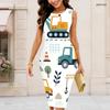 Women Plus Size Round Neck Sleeveless Cartoon Bulldozer Printed Bodycon Midi Dress