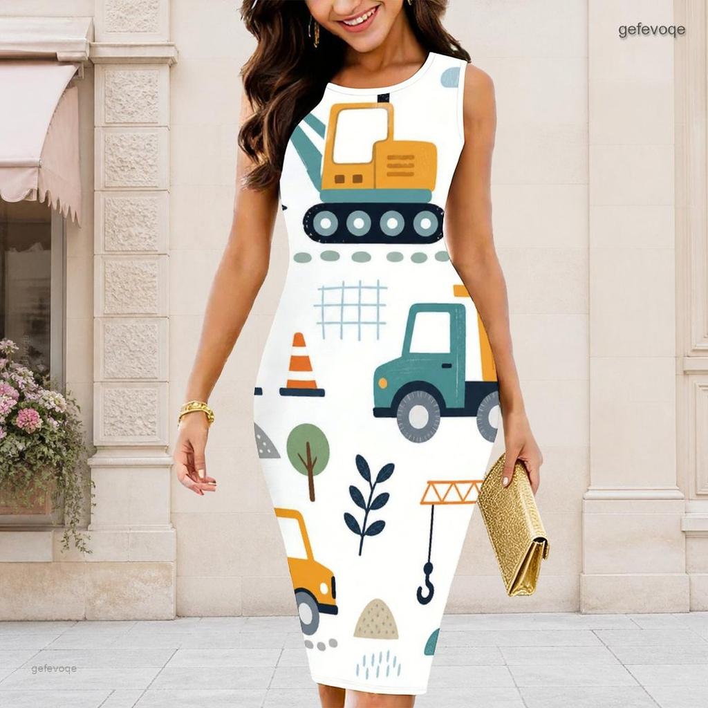 Women Plus Size Round Neck Sleeveless Cartoon Bulldozer Printed Bodycon Midi Dress