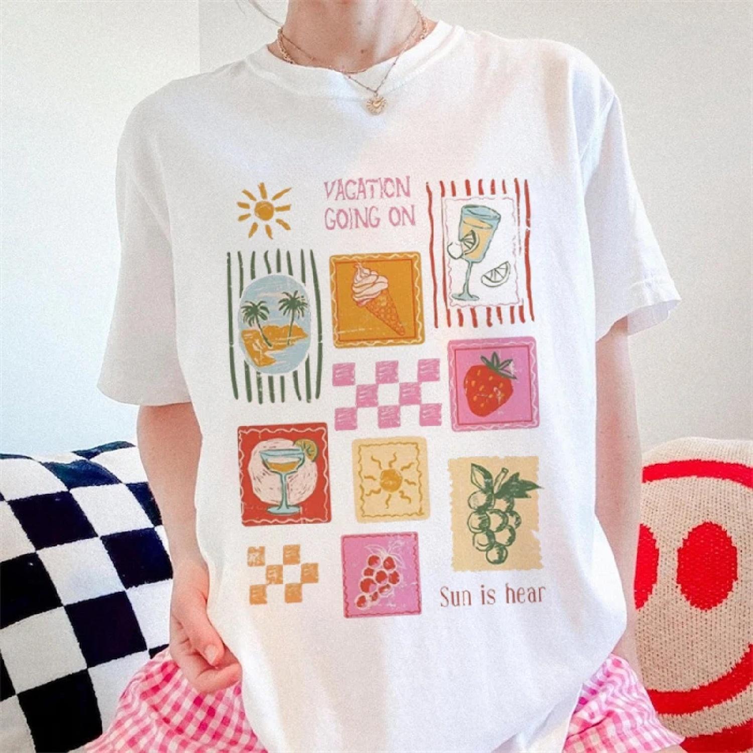 

Summer Vacation Sweet Printed Pattern Top T-Shirt Round Neck Women s Street Kawaii Top Basic Casual Versatile White T-Shirt XXXXXL білий