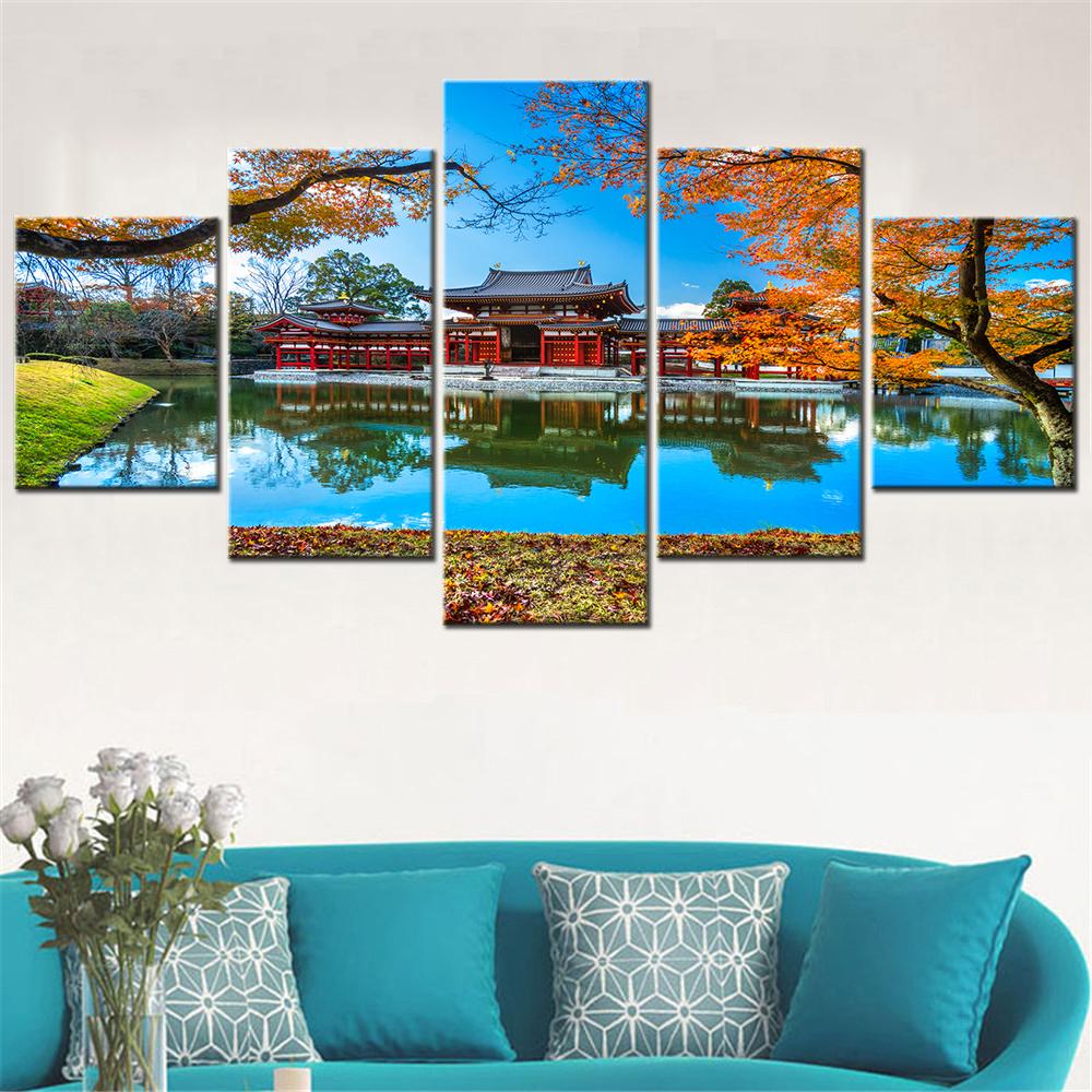 5Pcs Byodo-in-Temple-Japan-Landscape-Painting Canvas Wall Art Set Aesthetic Living Room Decor Home Decoration Photo 20X35 20X45 20X55CM