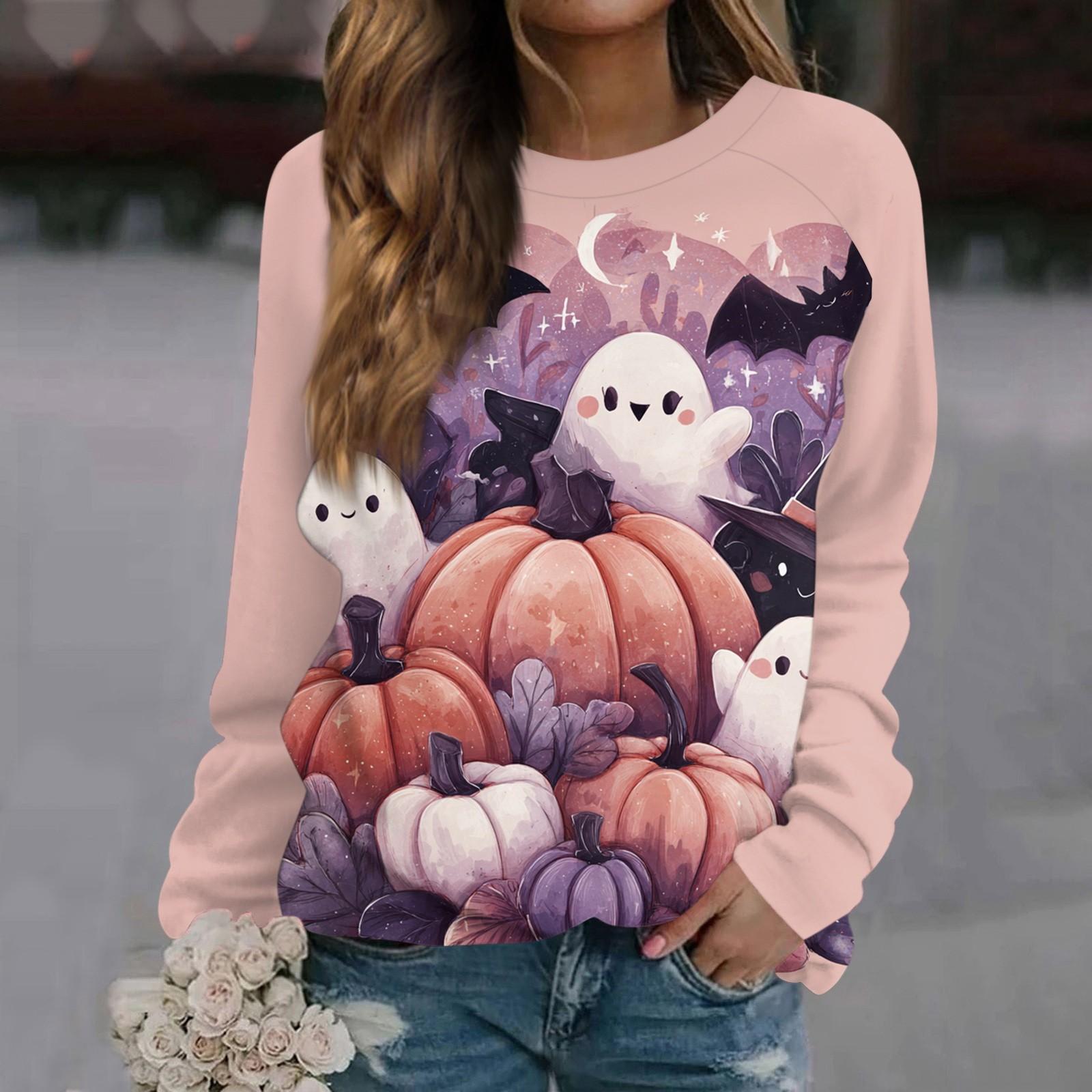 

Женская мода повседневная длинная рукава Хэллоуин принтованный круглый вырез свитер Топ XXL розовый