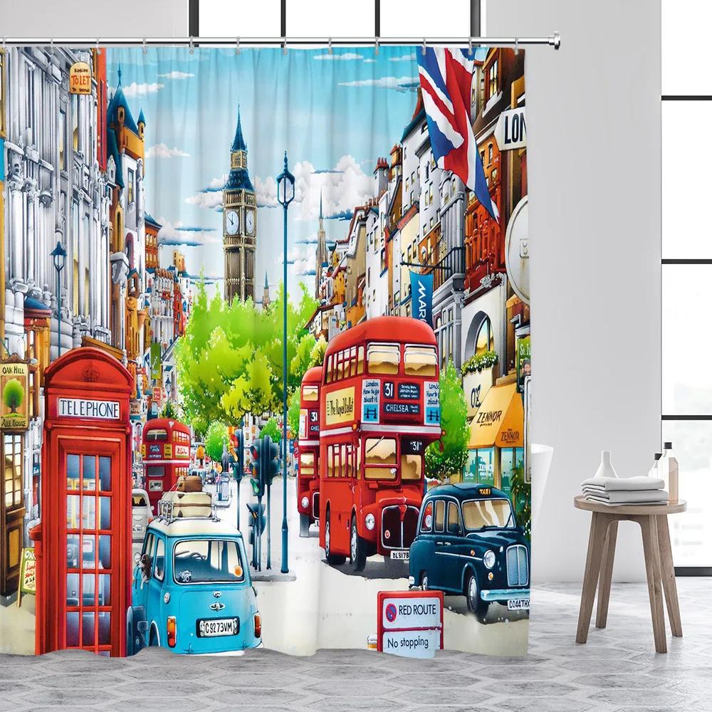 Vintage Paris Tower Shower Curtain Pink Floral Romantic Lovers City Street Scenery Modern Fashion Bathroom Curtains Fabric Decor