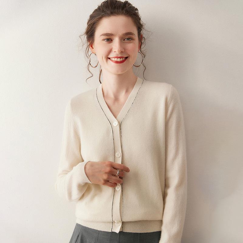 25 Fall/Winter Cashmere V-neck Knit Women's Loose Color Block Cardigan - Fashionable & Comfortable Korean Style Sweater