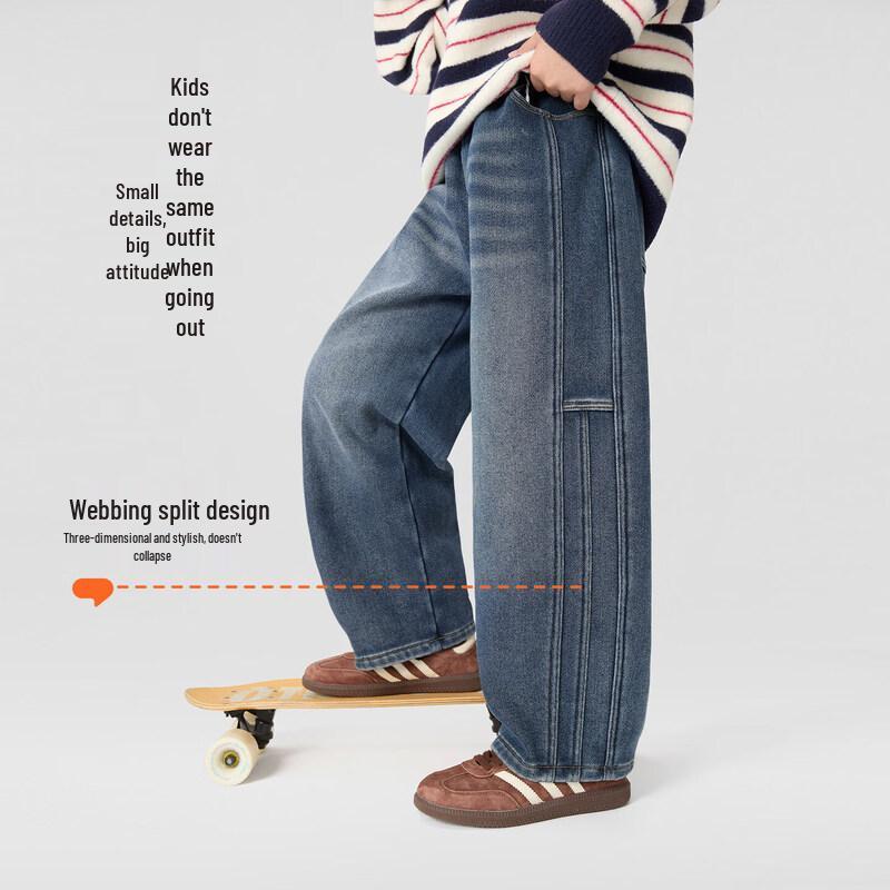 Zuo Xi Boy's Thickened Fleece Washed Denim Straight-Leg Jeans
