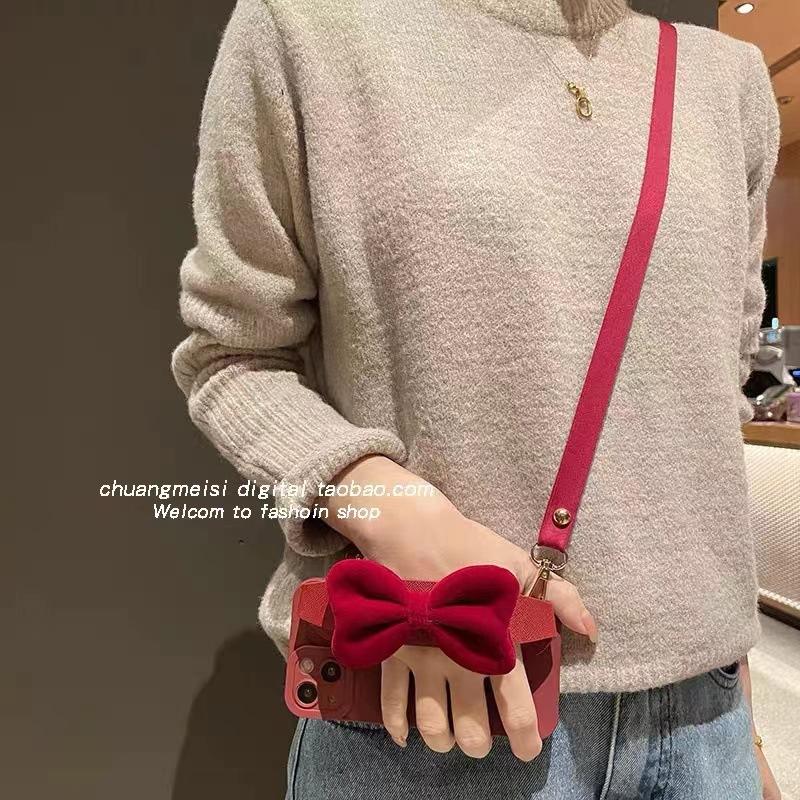 Burgundy Plush Bow Wristband Apple 11Pro Mobile Phone Case 11 Luxury 11 Crossbody iPhone11Pro All Inclusive