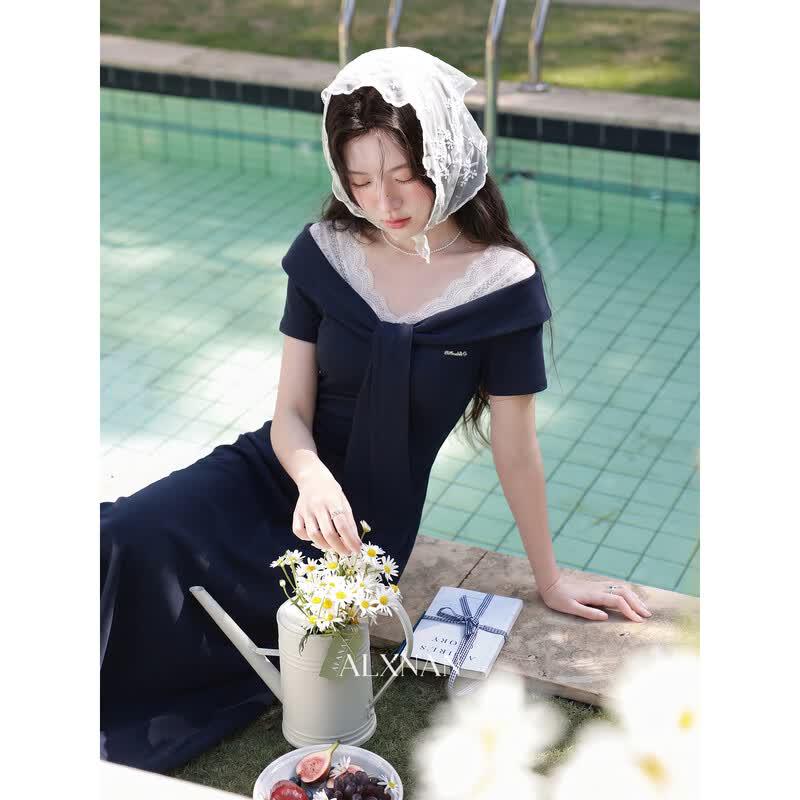 Women s French V-Neck Lace Fake Two-Piece Dress S