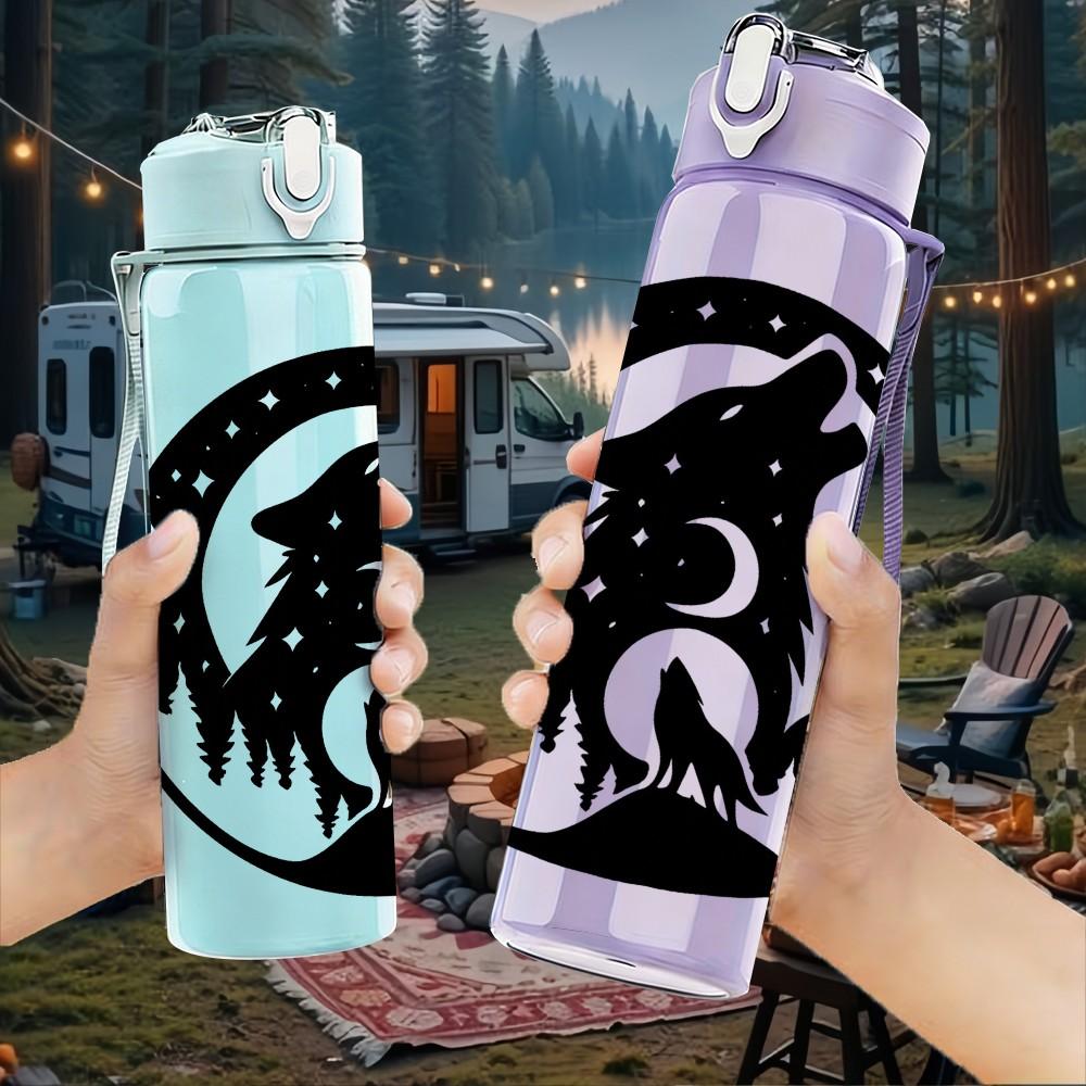 1PC Wolf Mountain Silhouette Graphic 750ml Color Plastic Sports Water Bottle Leakproof Flip Straw Lid Suitable for Sports Office Home Use