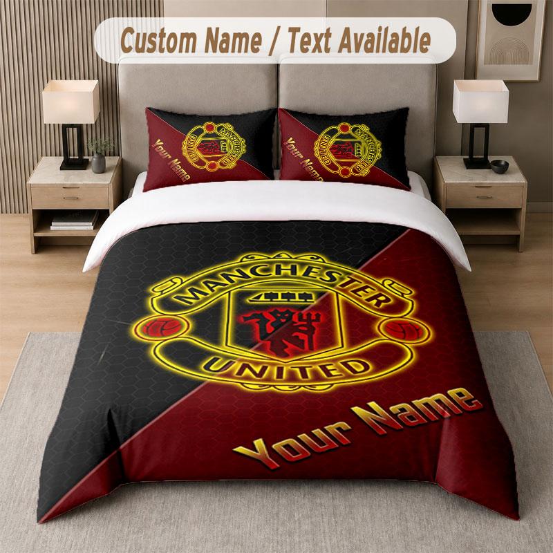 Custom Bedding Set Manchester United Pattern, Print Name Text 1 Duvet Cover plus 2 Pillowcases Home Textile