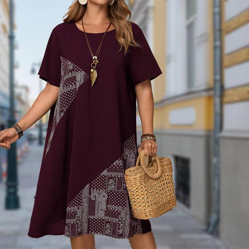 

Женская мода изящный ретро принт лето весна короткий рукав О-образный вырез повседневные платья XS красный