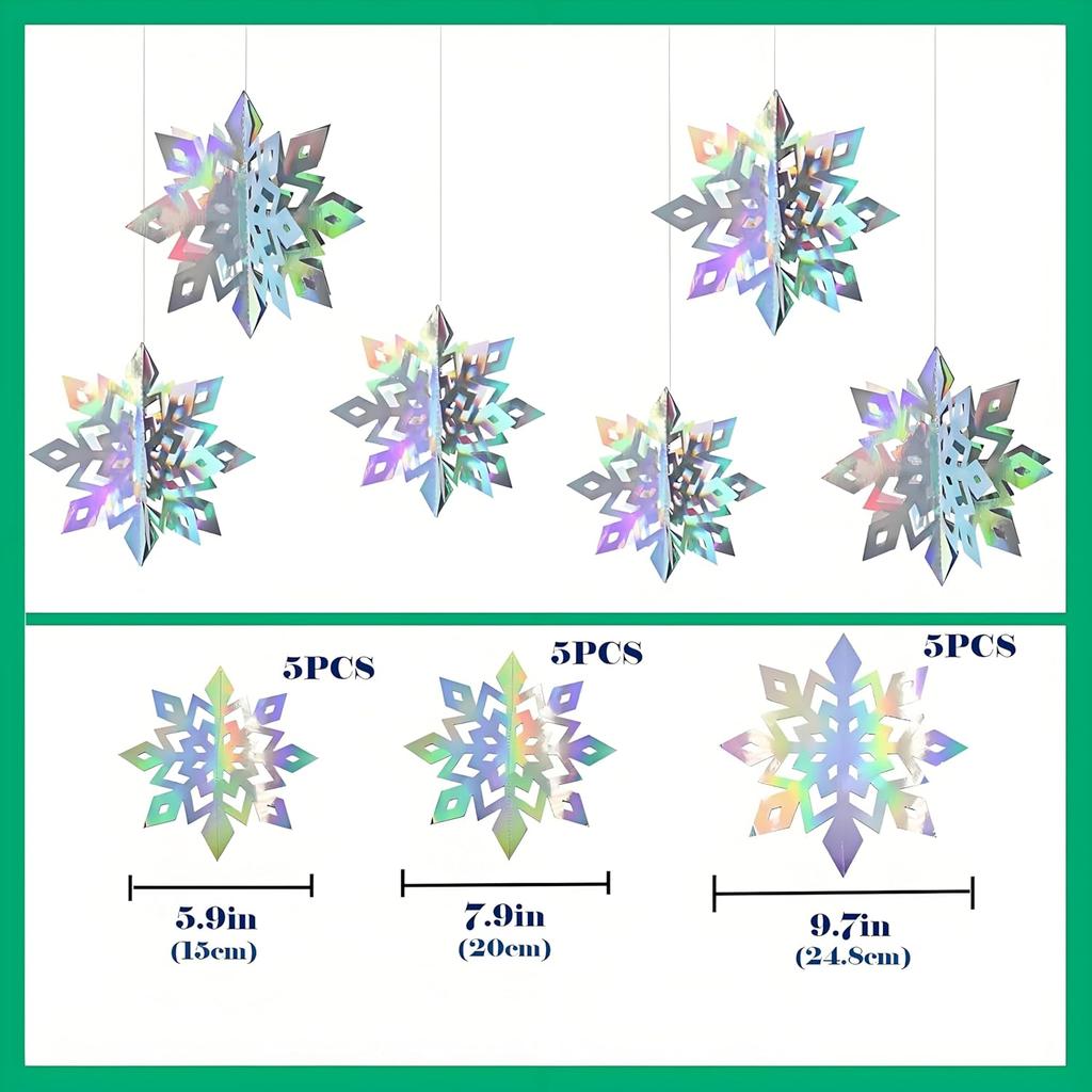 15pcs 3D Large Iridescent Paper Snowflakes Winter Ornament - Snowflakes in 3 Sizes Hanging Ornaments for Winter Wonderland Decorations Frozen