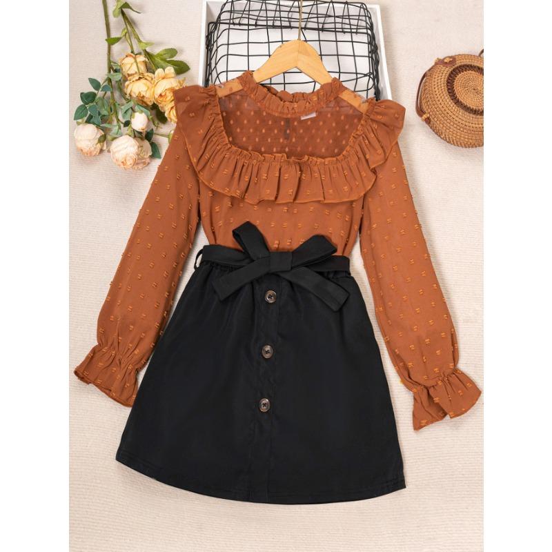 Big girls long-sleeved + skirt fashion suit, autumn thin top with fungus edge decoration and see-through neckline, long-sleeved belt, horn cuffs