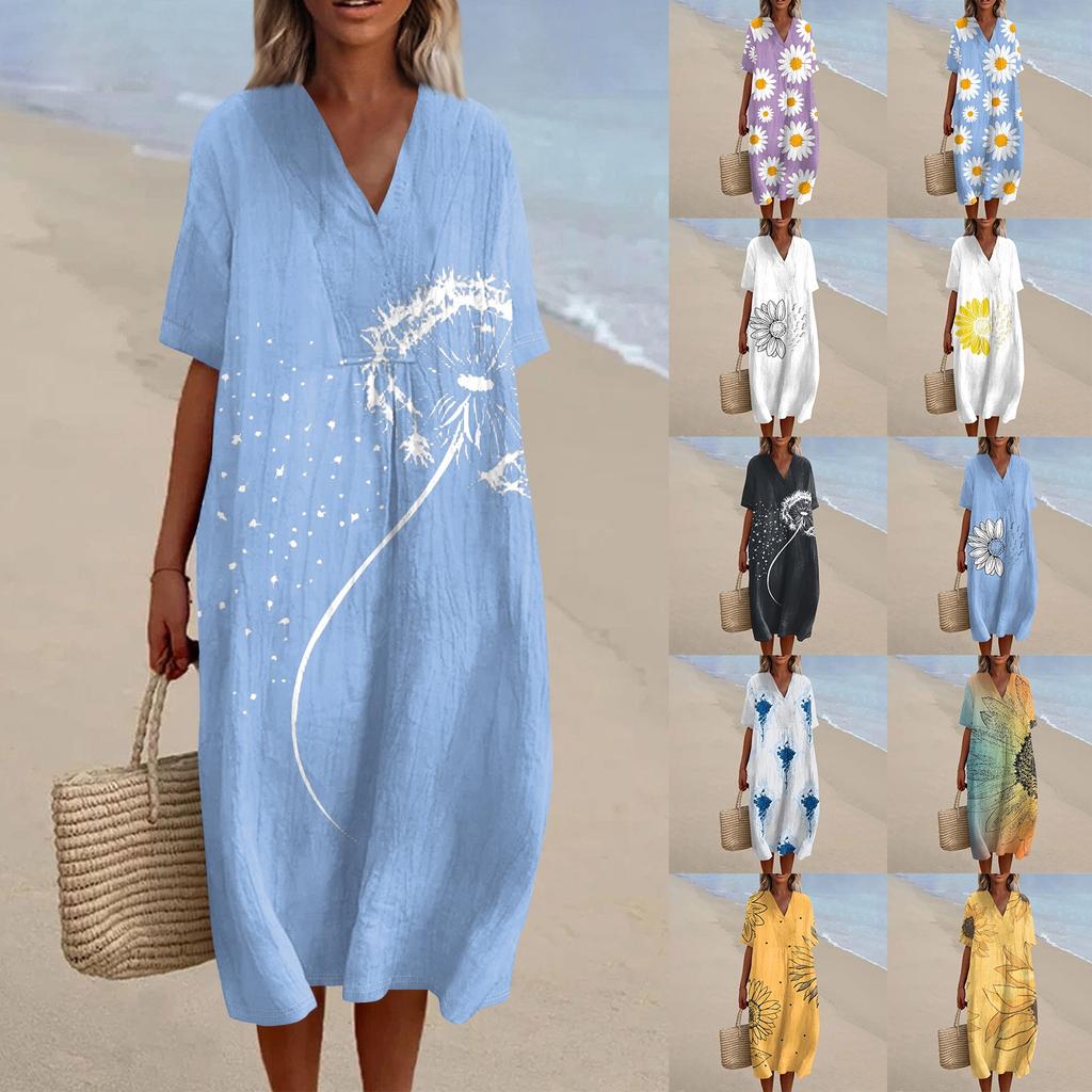 Damen Locker Lässig Mode V-Ausschnitt Bedrucktes Kleid Strandrock