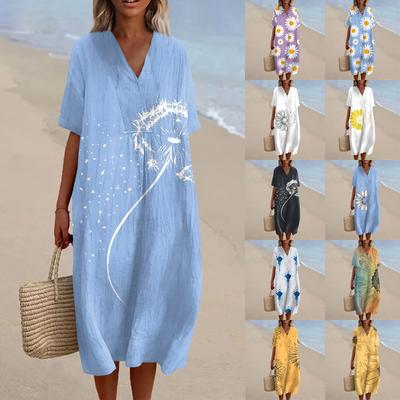 Vestido Feminino Solto Casual Moda Decote V Estampado Saia de Praia