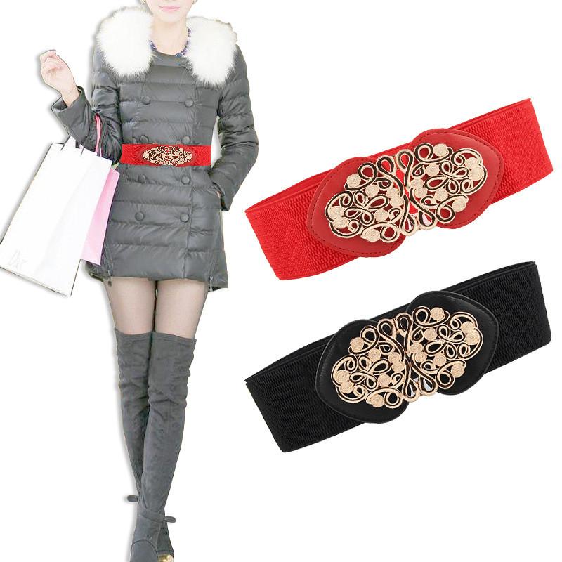 Retro Hollow Floral Decoration Wide Waist Belt With Alloy Buckle For Ladies Fashion
