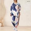 Women Plus Size Abstract Printed Nurse Scrub Set V Neck Long Sleeve Pocket Top Long Pants Two Piece