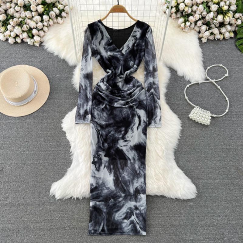 Sexy Tie-dye Printed V-Neck Long Sleeve Dress Women Chic Elegant Patchwork Vintage Midi Dresses Female Korean Fashion Casual One Piece Dress 2024