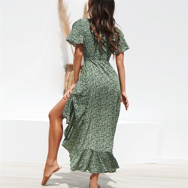 Spring hot sale European and American sexy V-neck irregular high-waisted strap-up chiffon printed dress, spot