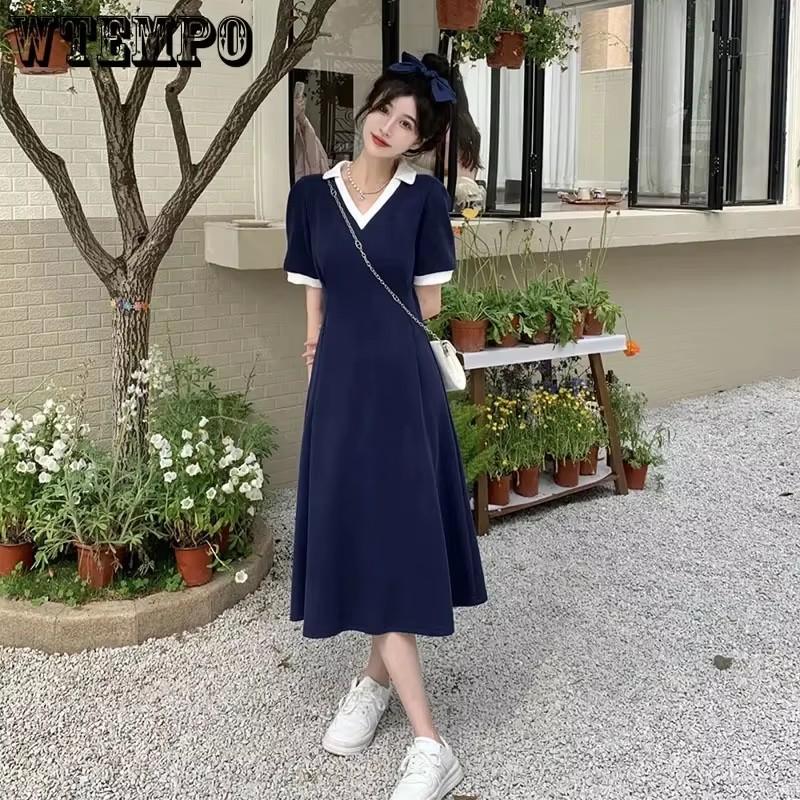 Polokleid Damen Sommer V-Ausschnitt Kurzarm Mittellange A-Linie Lässig Süße Stich Koreanische Version College-Stil