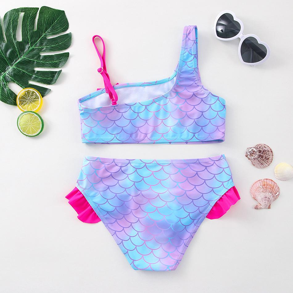 Girls' Oblique Shoulder Fish Scale Print Bikini Set New Girl Split Bikini Children's Swimsuit Swimsuit