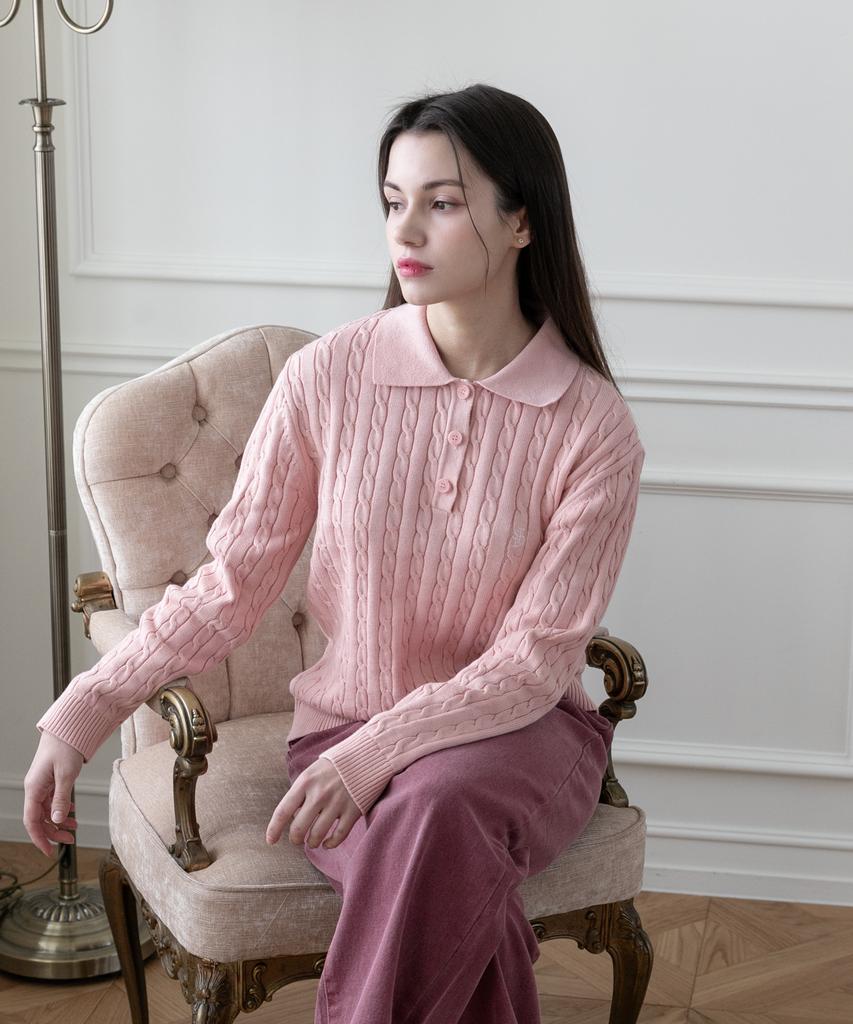 SELITIO Women'S Color Point Cable Collar Knit Pink