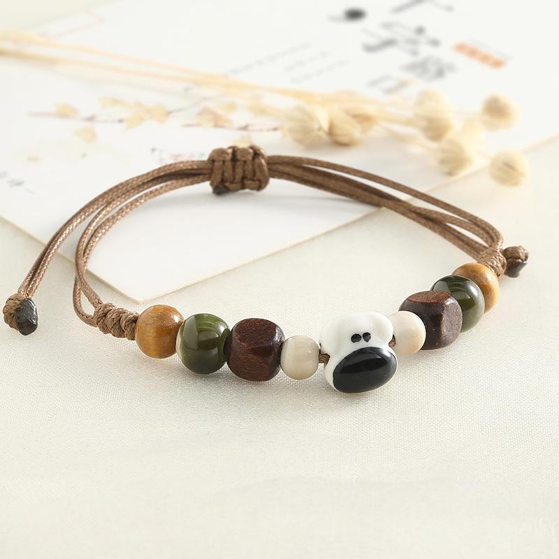 Cartoon Frog Dog Head Handwoven Hand Rope Mori Style Jingdezhen Ceramic Niche Versatile Bracelet For Women