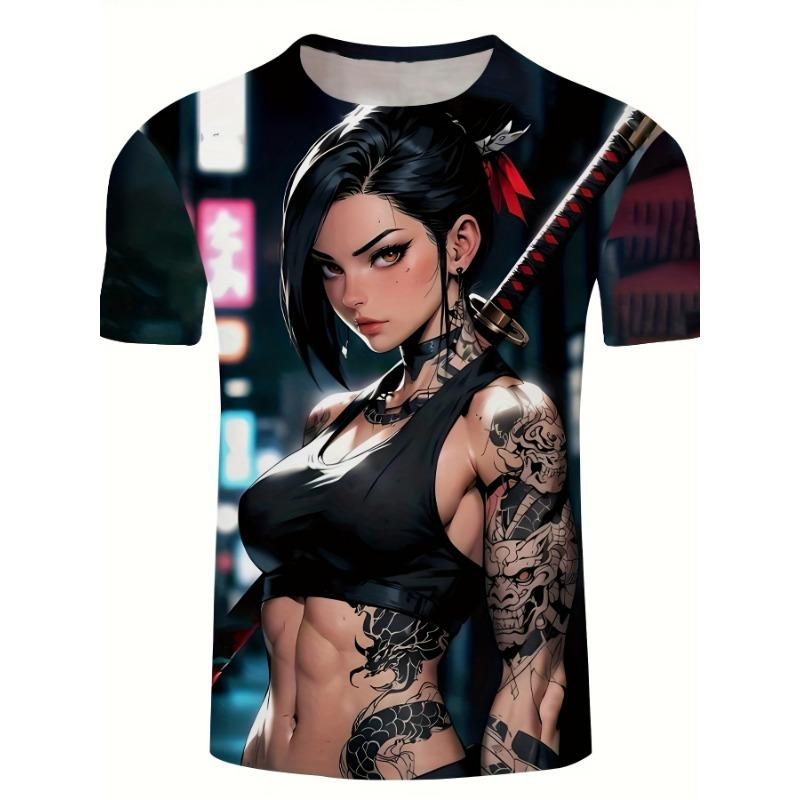 

Men S 3D Cyber Samurai Girl Themed Print T - Shirtsoft Polyester Fabric Summer Round Neck T-Shirt Regular S