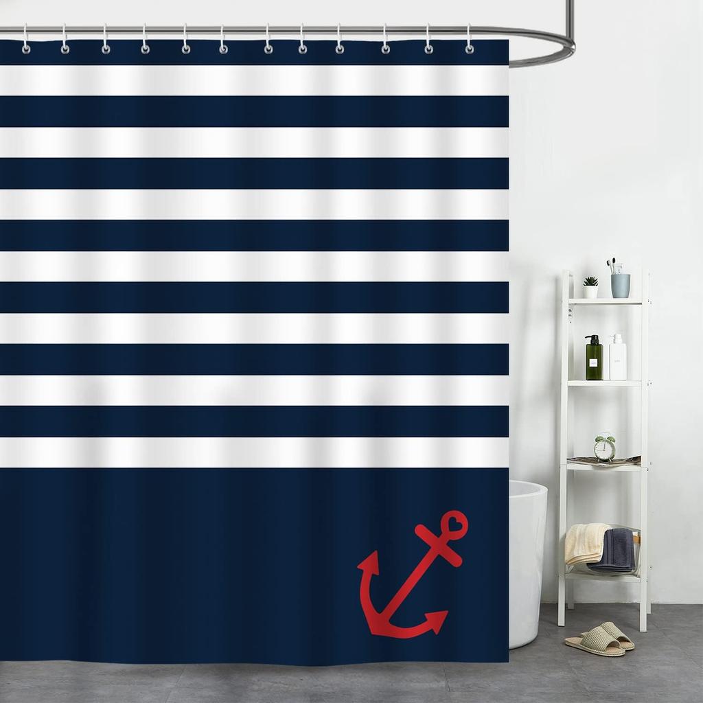 Nautical Anchor Shower Curtain, Navy Blue Strip Geometric Bathroom Curtain Polyester Fabric Waterproof Bath Curtain