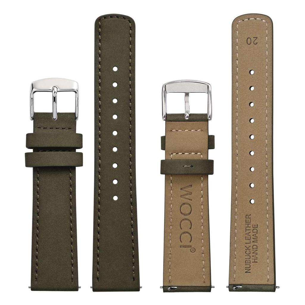 WOCCI Rychloupínací kožený řemínek k hodinkám Nubukový řemínek k hodinkám Armádní zelená se stříbrnou sponou, 22 mm, Řemínek,