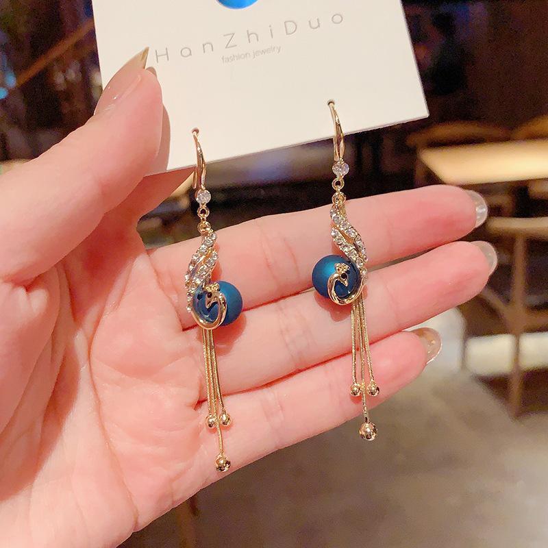 New Year Red Pearl Peacock Tassel Earrings: Phoenix Dance Long Drop Earrings for Women