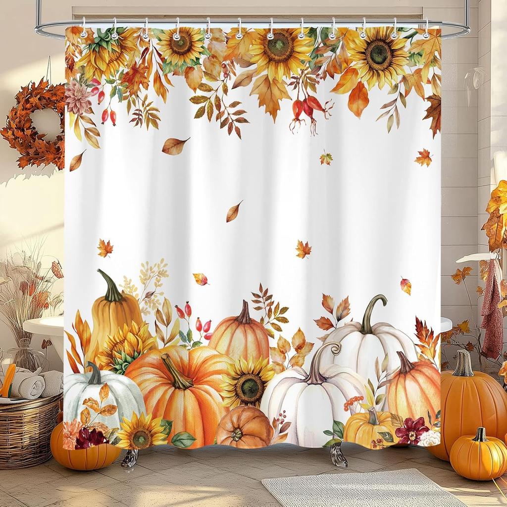 Fall Pumpkin Maple Leaf Shower Curtain, Autumn Thanksgiving Harvest Orange Pumpkin Design Bath Curta for Bathroom, Watercolor Floral Decor Waterproof