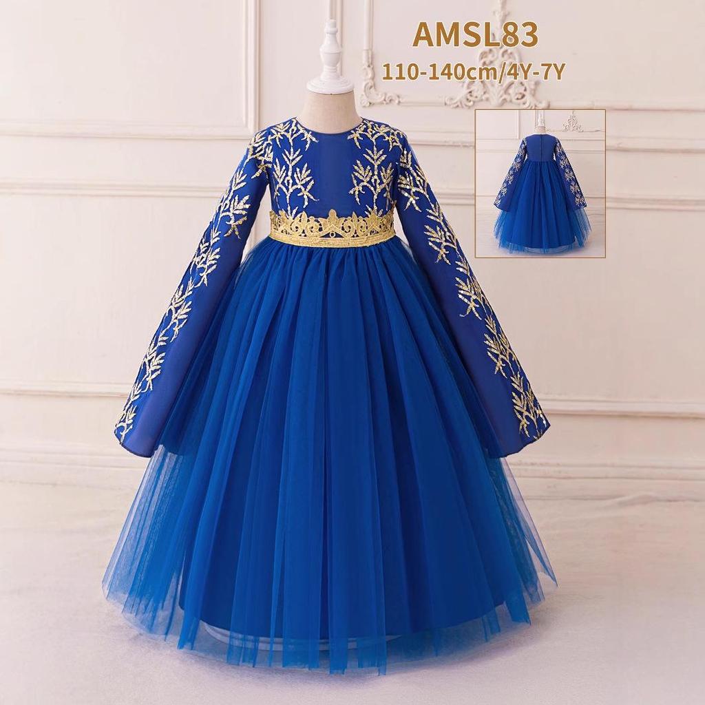 Blue Muslim Evening Dress with Long Sleeves and Puffy Tulle Skirt