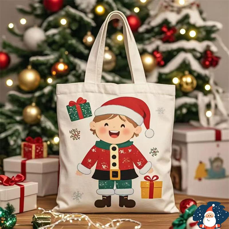 Happy New Year Christmas Gift Bags Cartoon Santa Claus Elk Christmas Tree Tote Canvas Bag Large Capacity Holiday Shopping Bag