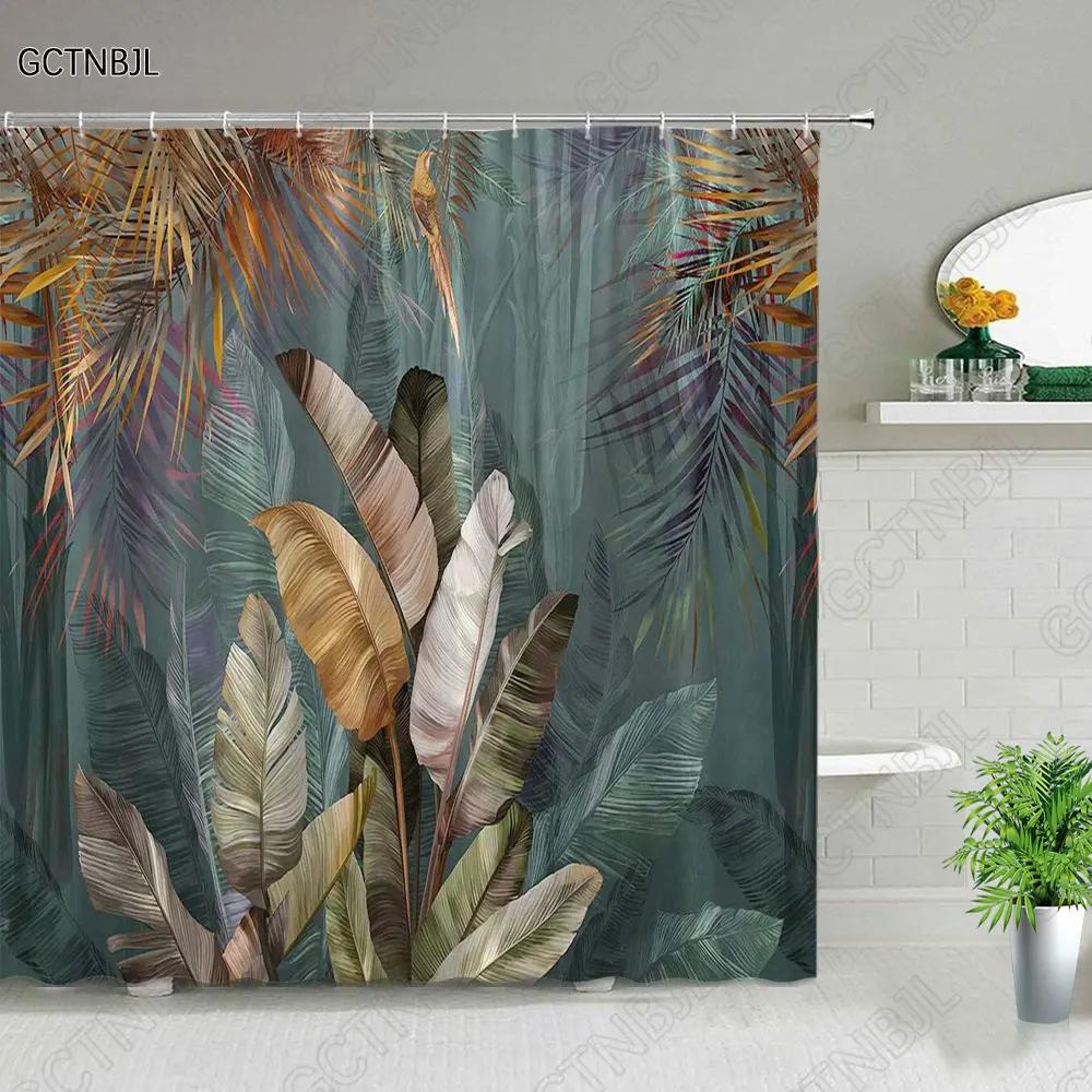 Tropical Green Plant Bathroom Shower Curtains Black Background Gold Palm Leaf Pattern Bath Curtain Waterproof Bathtub Home Decor