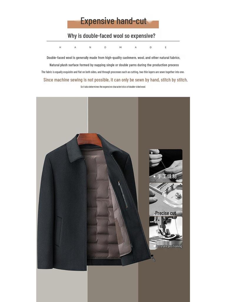 Brand Men's 2025 Autumn/Winter Wool Coat - Lapel, Detachable Down Lining, Double-Faced Wool Overcoat.
