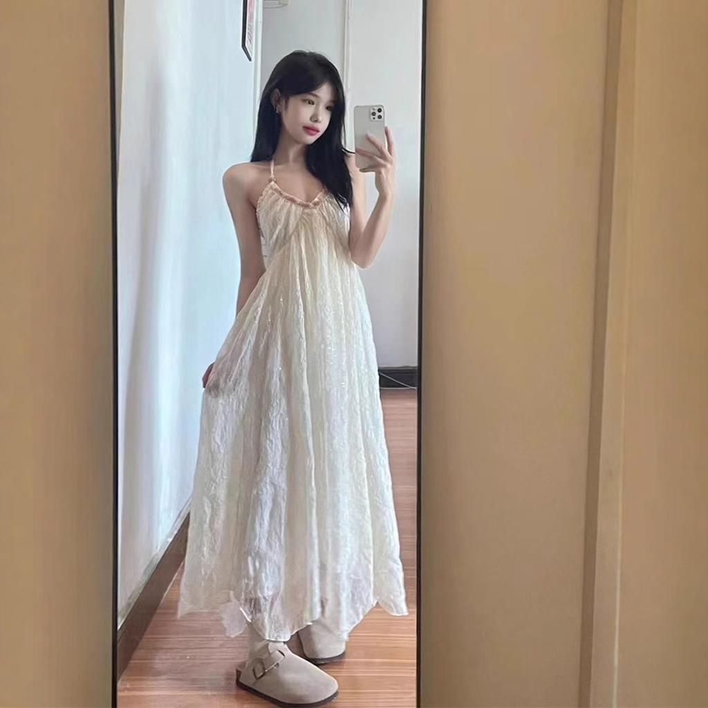 French white neck sling dress children's summer new seaside vacation high-end temperament dress