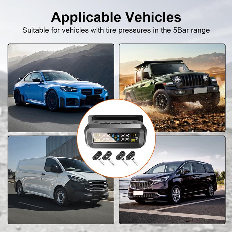 Tire Pressure Monitoring System with 4 Sensors USB/Solar TPMS Tire Pressure Monitor System for Car SUV Sedan