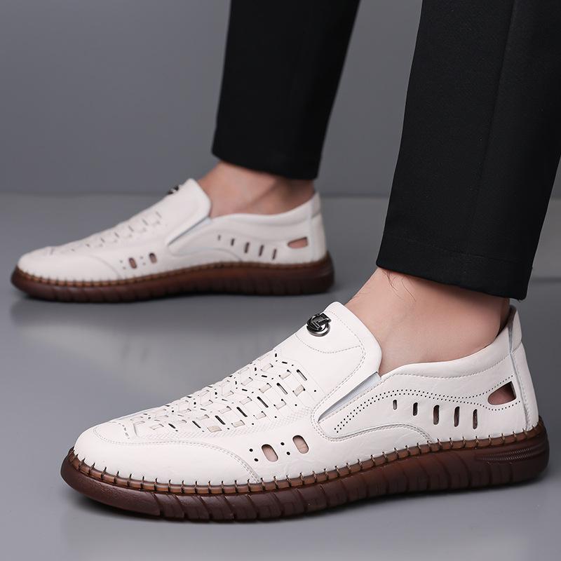 Pánské sandály, prodyšné, ležérní, tkané kožené sandály s dutým otvorem, pánské velké boty