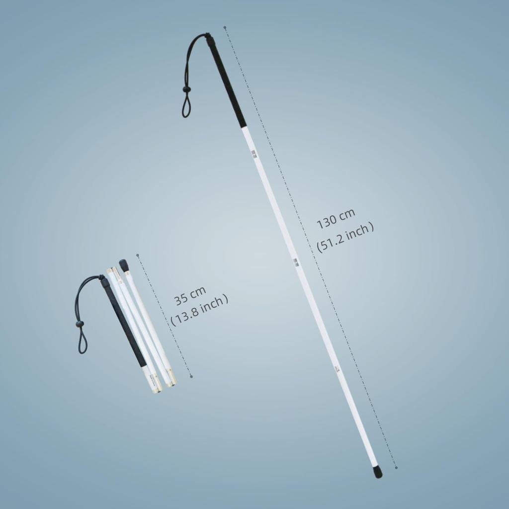 Aluminum Four-Section Folding White Cane with Two Tips for the Visually Impaired and Blind (Black Grip, 130 cm)