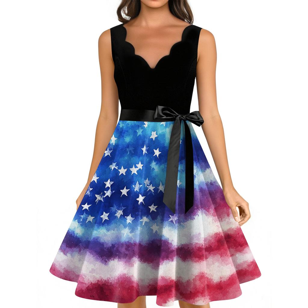 Sleeveless Scalloped Neckline Dress with Printed Flared Skirt and Waist Ribbon for Casual or Party Wear