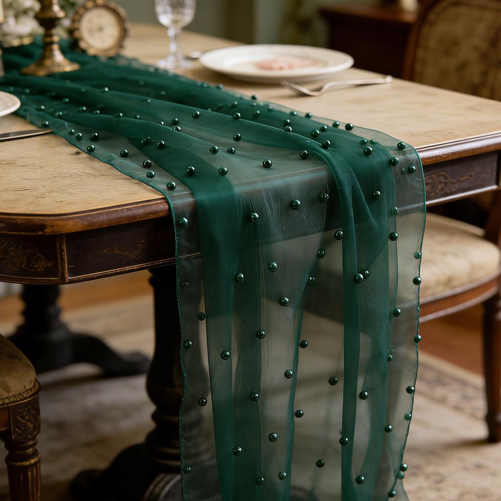 Pearl Gauze Table Runner 120 Inch 10 FT Tulle Wedding Centerpiece Runner Shabby Chic for Wedding Party Baby Shower Birthday