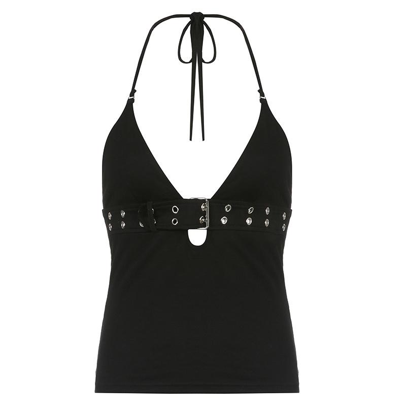 Autumn European and American Sexy Japanese Button V-neck Low-cut Neck Tight-fitting Navel Bottoming Small Vest Top