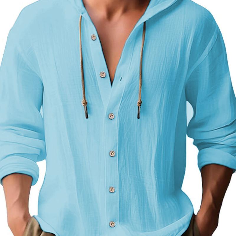 Men's Casual Long Sleeved Shirt, Cotton and Linen T-shirt, Hooded Fashionable Trend, Versatile Loose Fit, Beach Hoodie