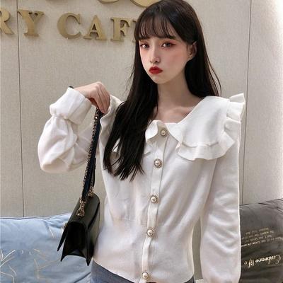 Big Collar Sweater Small Person with Flared Sleeves Collar Knit Base Cardigan Doll Collar Top Sweet