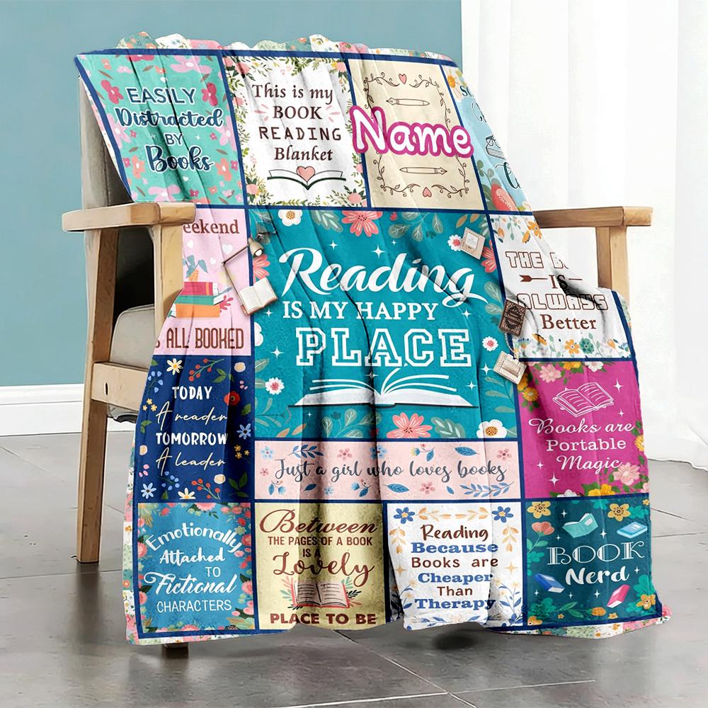 Reading Is My Happy Place Customize Your Name Home Blanket S Comfortable Soft Lightweight Allseason Multipurpose Blanket For Picnics Sofas Offices