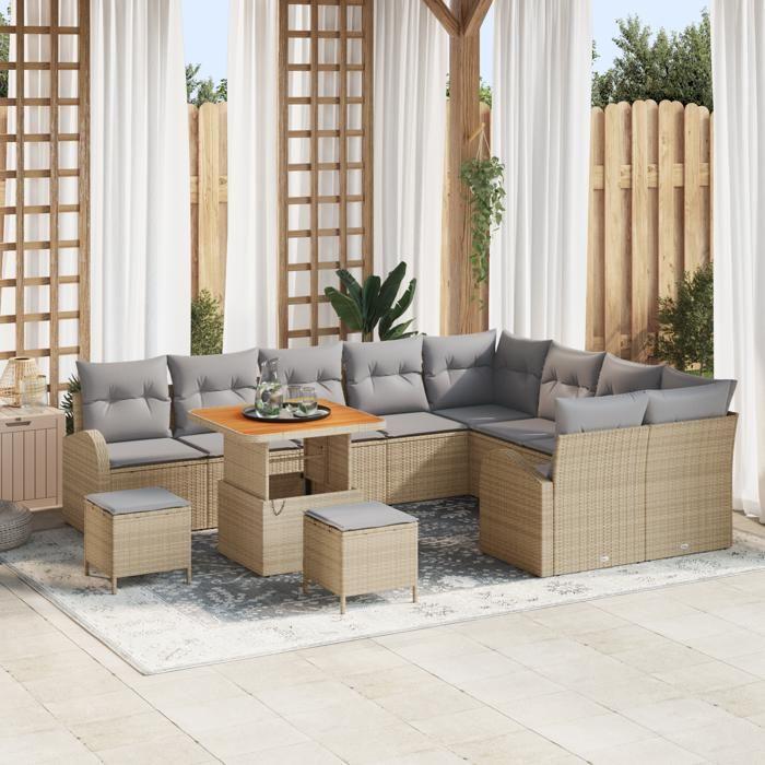 VidaXL Ensemble de Canapés de Jardin de 12 Pièces avec Coussins Beige Rattan Poly Acacia 3364382