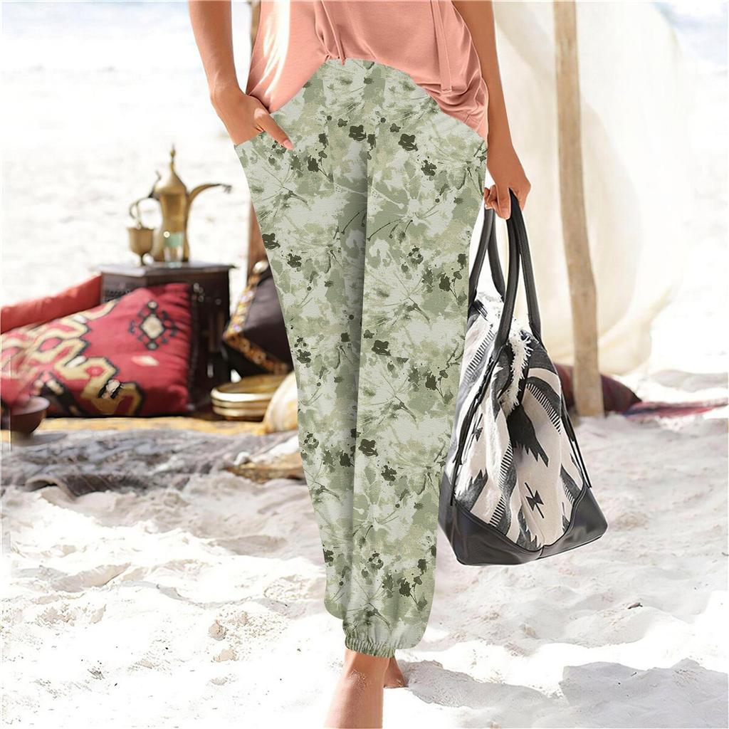 Damskie letnie spodnie z elastycznym pasem i luźnymi spodniami z szerokimi nogawkami