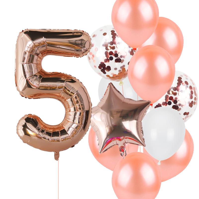 12pcs Rose Gold Number Foil Balloons Birthday Party Decoration Kids 1st First Baby Girl Princess 1 2 3 4 5 6 7 8 9 Years Old