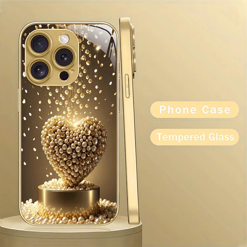 Golden All-Over Pattern Metallic Paint Golden Glass Phone Case for iPhone 16 15 14 13 Pro Max 12promax 11