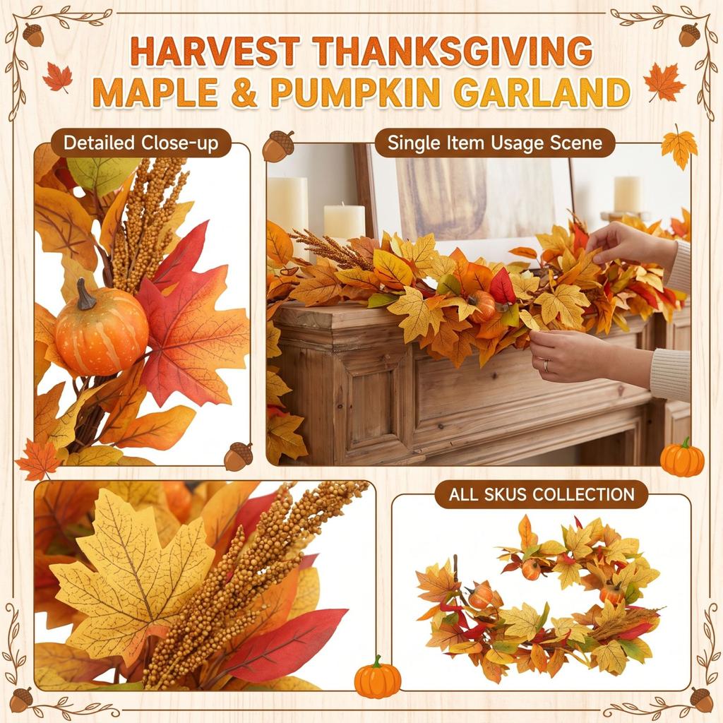Artificial Maple Leaf and Pumpkin Garland for Thanksgiving Fall Home Decor
