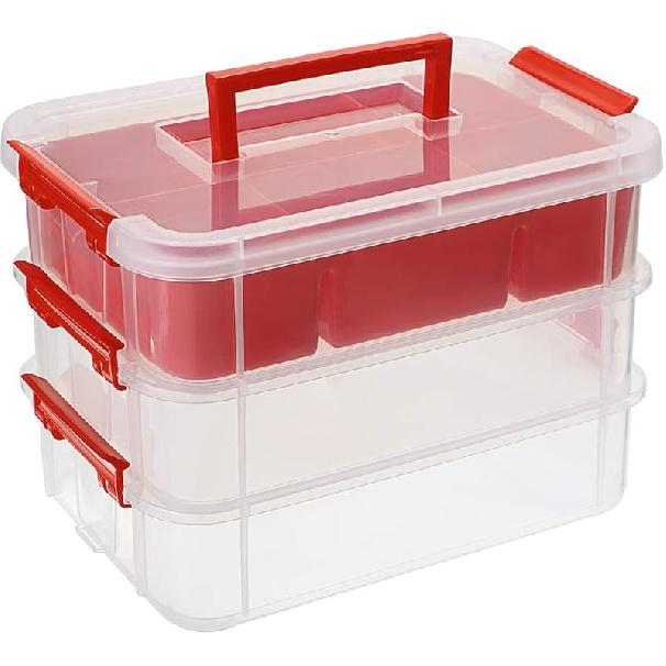 JUXYES 3-Tiers Stack Carry Storage Box With Divided Tray Transparent Stackable Storage Bin With Handle Lid Latching Storage Container for School красный 6640₽